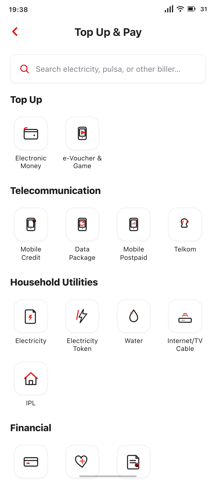 Top up and pay bills screen preview